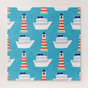 Nautical Waves: Lighthouse Cruiser Pattern. Jigsaw Puzzle
