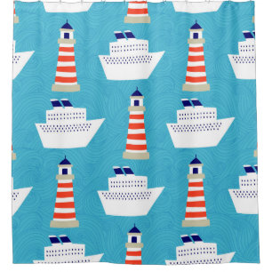 Nautical Waves: Lighthouse Cruiser Pattern. Shower Curtain