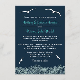 Nautical Waves & Seagulls Navy Wedding Invitations