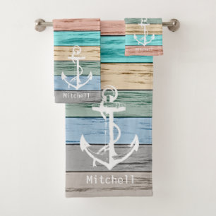 Nautical Weathered Colourful Beach Wood Anchor Bath Towel Set