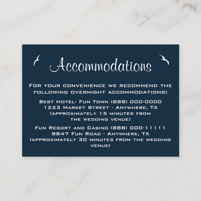 Nautical Wedding Accommodation - Reception Cards (Front)