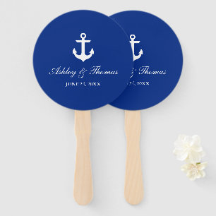 Nautical Wedding Anchor Blue Round Hand Fan
