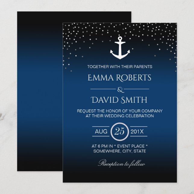 Nautical Wedding Anchor Confetti Dots Navy Blue Invitation (Front/Back)