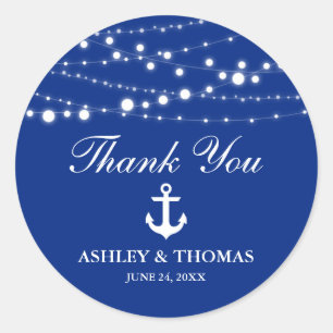 Nautical Wedding Anchor Lights Blue Thank You Classic Round Sticker