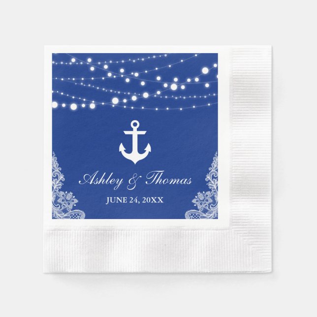 Nautical Wedding Anchor Lights & Lace Blue C Napkin (Front)