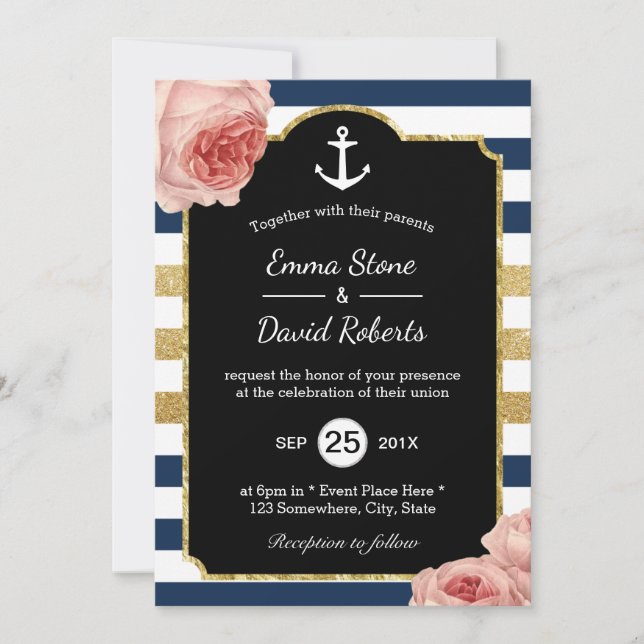 Nautical Wedding Anchor Navy & Gold Stripes Floral Invitation (Front)