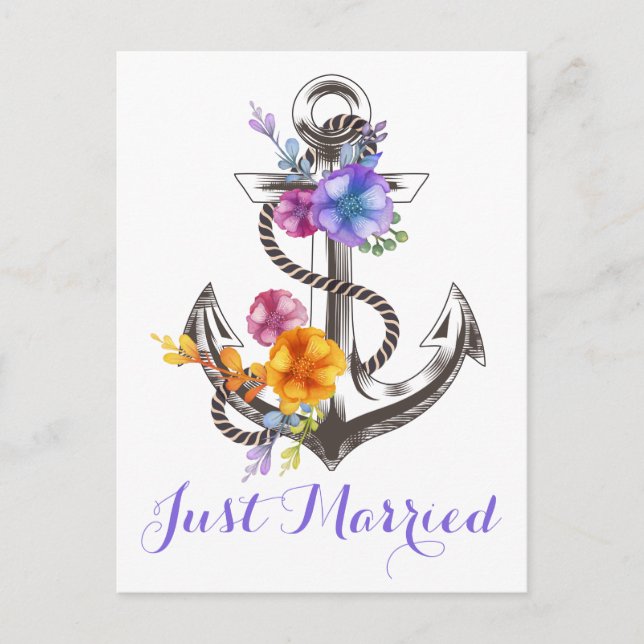 Nautical Wedding Anchor Purple Just Married Beach Announcement Postcard (Front)