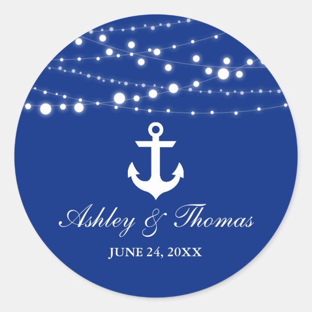 Nautical Wedding Anchor String Lights Blue Classic Round Sticker (Front)