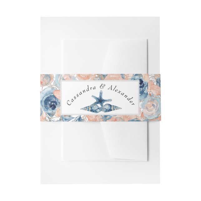 Nautical Wedding Beach Blue Seashell and Roses, Invitation Belly Band (Front Example)