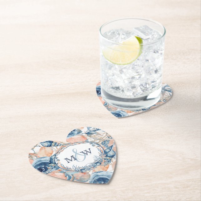 Nautical Wedding Beach Sea Shell and Roses, Paper Coaster (Insitu)