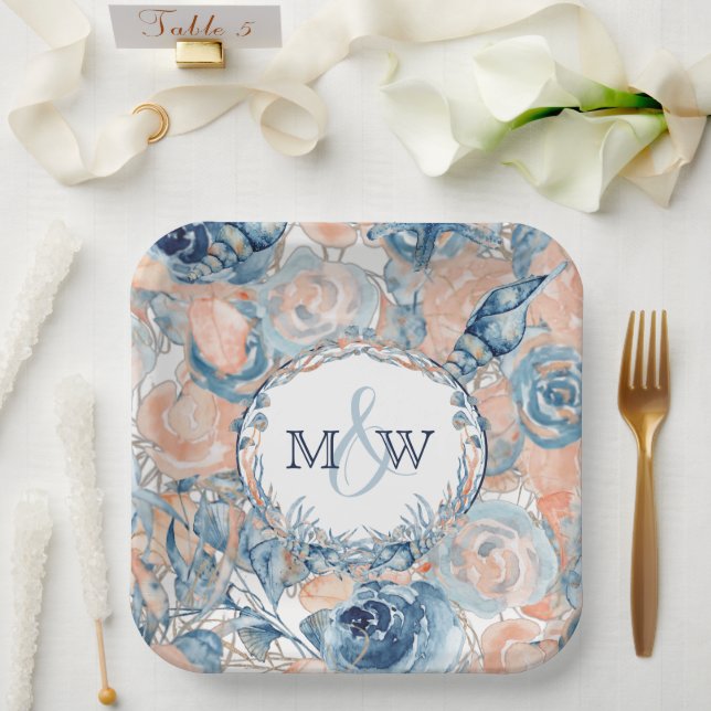 Nautical Wedding Beach Sea Shell and Roses, Paper Plate (Wedding)