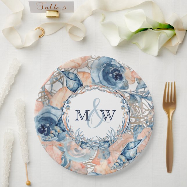 Nautical Wedding Beach Sea Shell and Roses, Paper Plate (Wedding)