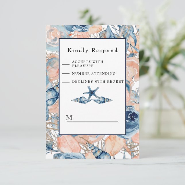 Nautical Wedding Beach Sea Shell and Roses, RSVP Card (Standing Front)