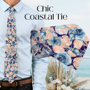 Nautical Wedding Beach Sea Shell Floral Navy Blue Tie