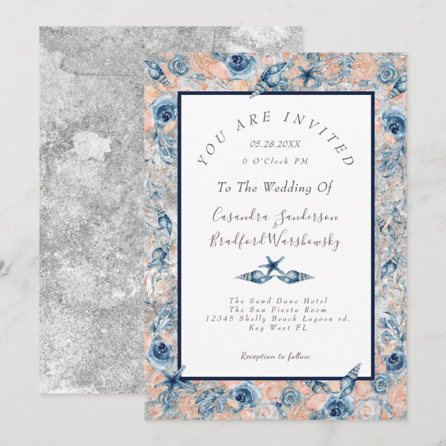 Nautical Wedding Beach Sea Shell Flowers Rose Gy Invitation (Front/Back)