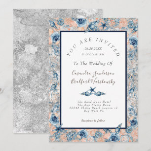 Nautical Wedding Beach Sea Shell Flowers Rose Gy Invitation