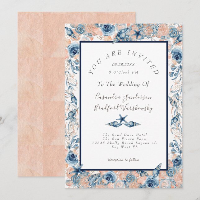 Nautical Wedding Beach Sea Shell Flowers Rose LT Invitation (Front/Back)