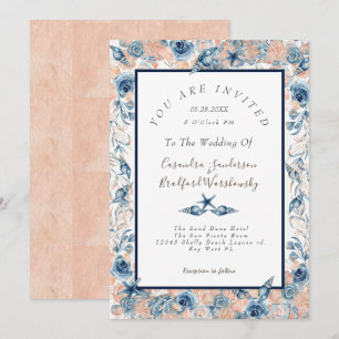 Nautical Wedding Beach Sea Shell Flowers Rose LT Invitation