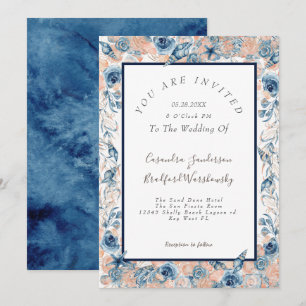 Nautical Wedding Beach Sea Shell Flowers Rose Navy Invitation