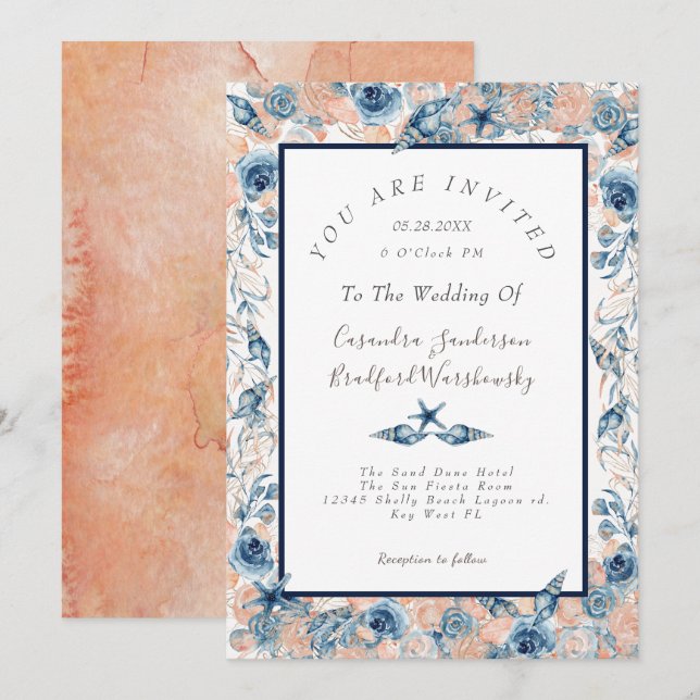 Nautical Wedding Beach Sea Shell Flowers Rose Pc Invitation (Front/Back)