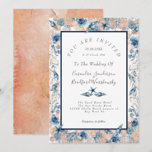 Nautical Wedding Beach Sea Shell Flowers Rose Pc Invitation