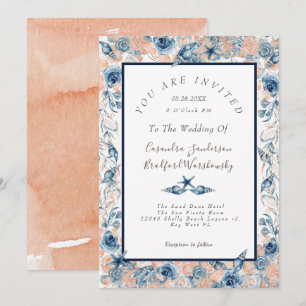 Nautical Wedding Beach Sea Shell Flowers Roses Invitation