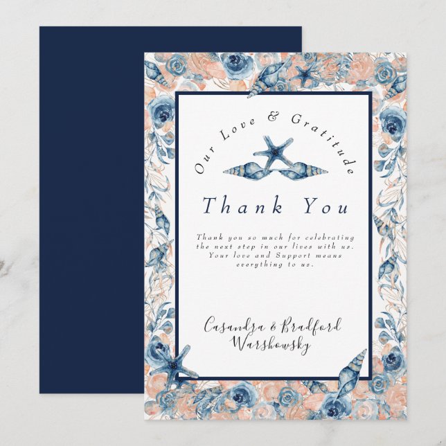 Nautical Wedding Beach Sea Shell Flowers Roses Thank You Card (Front/Back)