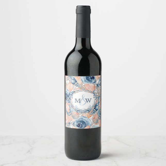 Nautical Wedding Beach Sea Shell Flowers  Wine Label (Front)