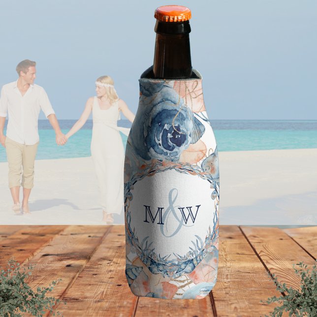 Nautical Wedding Beach Seashell and Roses Bottle Cooler (Creator Uploaded)