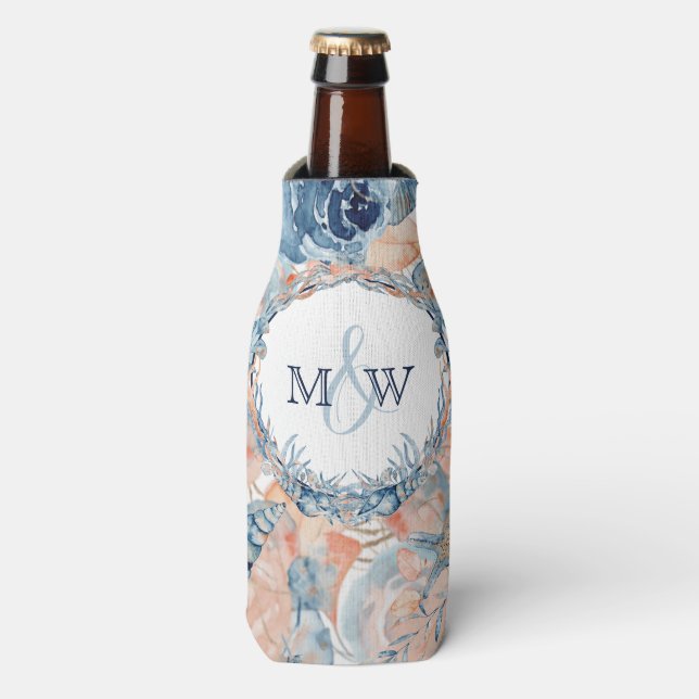 Nautical Wedding Beach Seashell and Roses Bottle Cooler (Bottle Front)