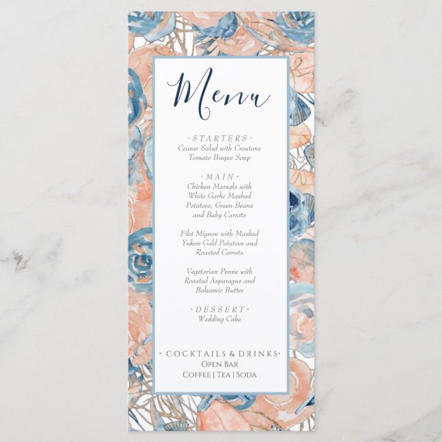 Nautical Wedding Beach Seashell and Roses Menu (Front)