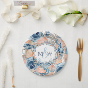 Nautical Wedding Beach Seashell and Roses, Paper Plate