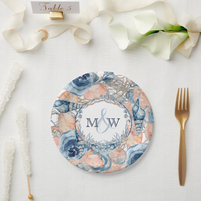 Nautical Wedding Beach Seashell and Roses, Paper Plate (Wedding)