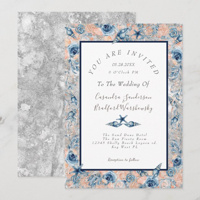 Nautical Wedding Beach Seashell Flowers Roses Grey Invitation (Front/Back)