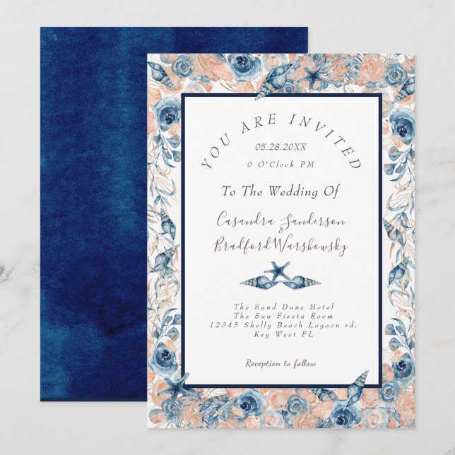 Nautical Wedding Beach Seashell Flowers Roses Invitation (Front/Back)