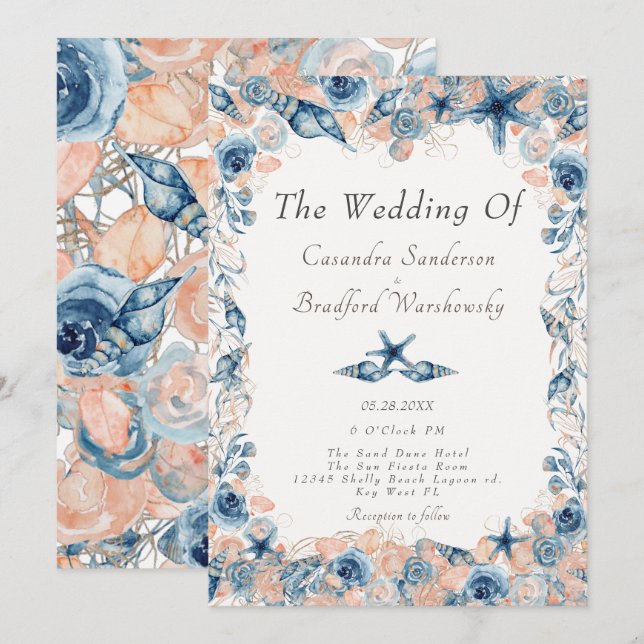 Nautical Wedding Beach Seashell Flowers Roses Invitation (Front/Back)