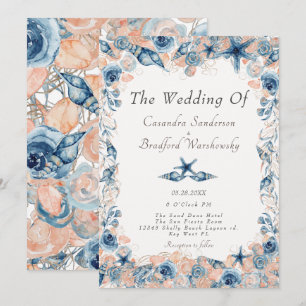 Nautical Wedding Beach Seashell Flowers Roses Invitation