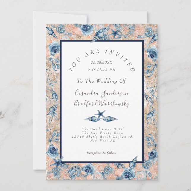 Nautical Wedding Beach Seashell Flowers Roses Wed Invitation (Front)