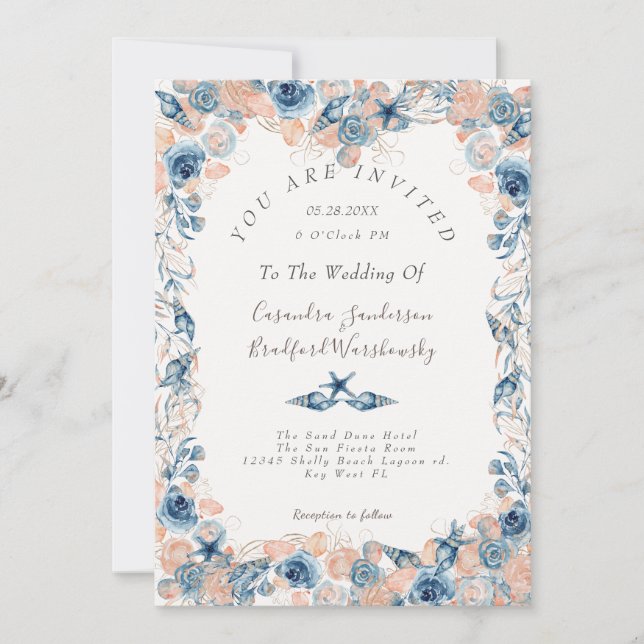 Nautical Wedding Beach Seashell Flowers Roses Wed Invitation (Front)
