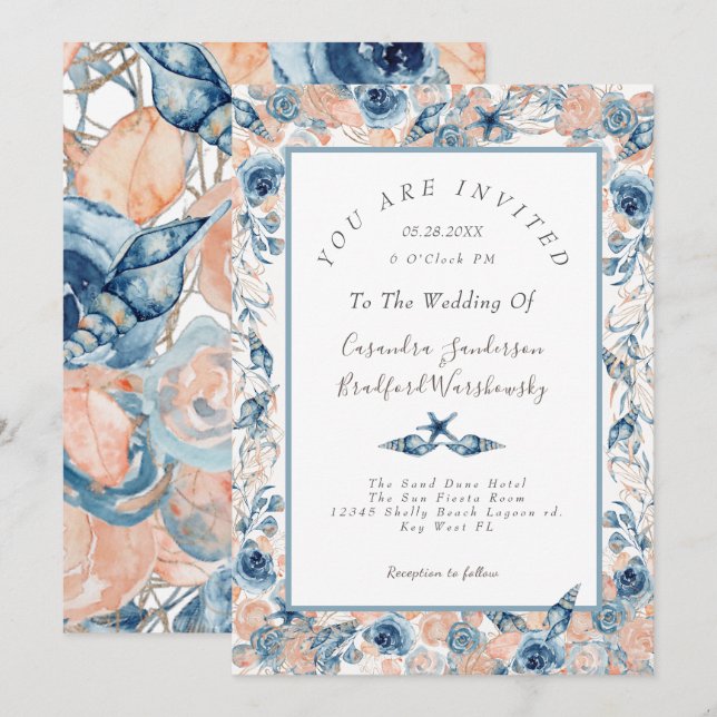 Nautical Wedding Beach Seashell Flowers Roses Wed Invitation (Front/Back)