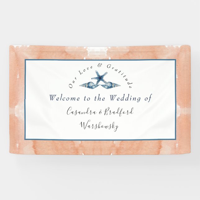 Nautical Wedding Beach Seashell Roses  Coral  Blue Banner (Horizontal)