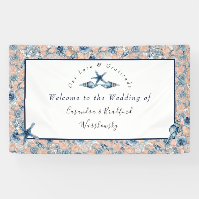 Nautical Wedding Beach Seashell Roses Honeymoon  Banner (Horizontal)