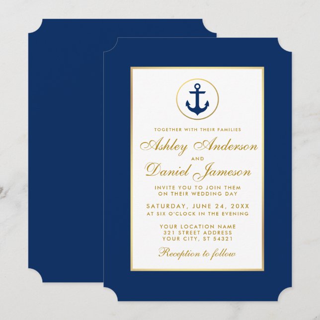 Nautical Wedding Blue Anchor and Gold Invitation (Front/Back)