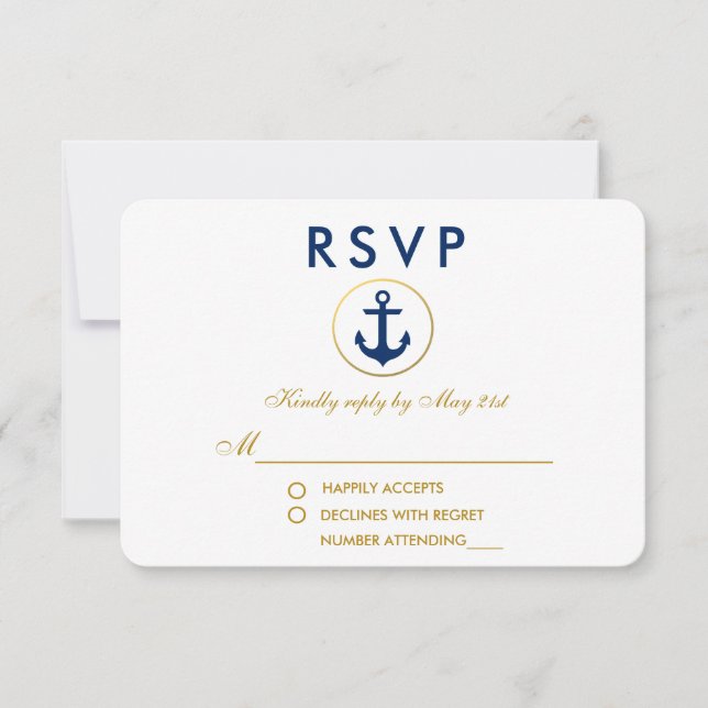 Nautical Wedding Blue Anchor Gold RSVP (Front)