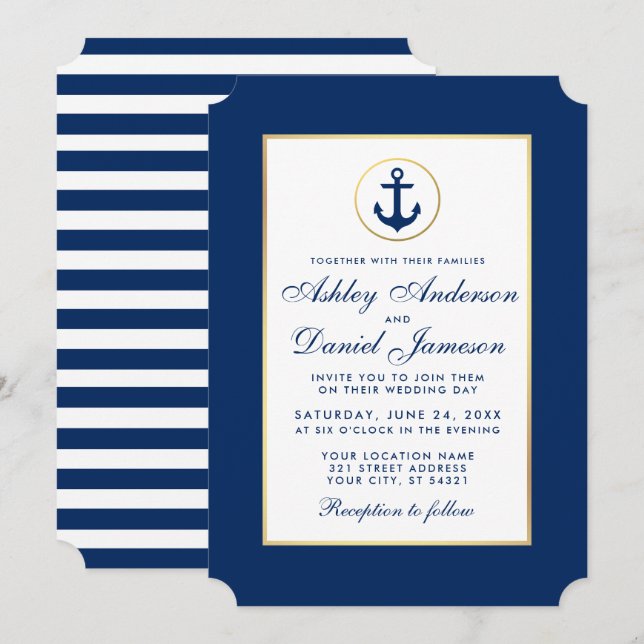 Nautical Wedding Blue Anchor Striped Invitation (Front/Back)