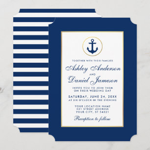 Nautical Wedding Blue Anchor Striped Invitation