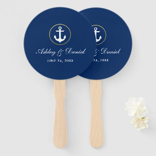 Nautical Wedding Blue and Gold Round Hand Fan