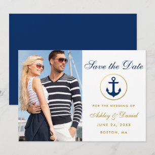 Nautical Wedding Blue Gold Save The Date Photo