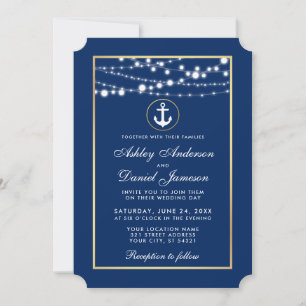Nautical Wedding Blue Gold String Lights Invite