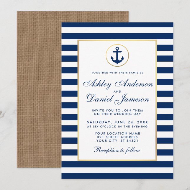 Nautical Wedding Blue Stripes Burlap Invite (Front/Back)